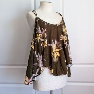 Free People Tank Top Floral Print Cotton  Sleeveless Draped Olive Combo M NWT